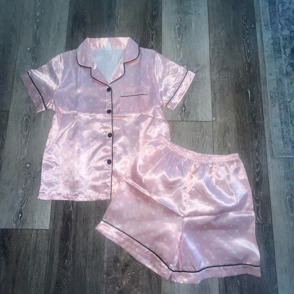 Luxurious Pink Satin Pajama Set with Black Trim